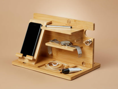 Bamboo Wood Nightstand/Bedside Organiser & Phone Docking Station