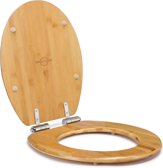 Natural Bamboo Wood Soft Close Toilet Seat with Adjustable Stainless Steel Hinges