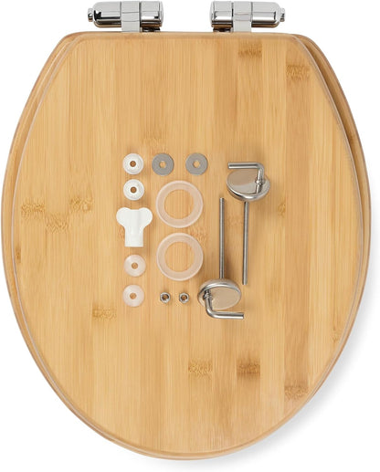 Natural Bamboo Wood Soft Close Toilet Seat with Adjustable Stainless Steel Hinges