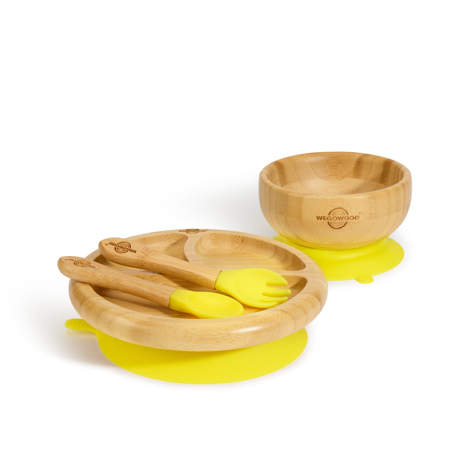 Baby Weaning Set, Bamboo Plate, Bowl, Fork & Spoon for Toddler with Suction Plates