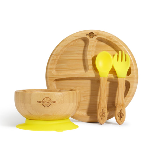 Baby Weaning Set, Bamboo Plate, Bowl, Fork & Spoon for Toddler with Suction Plates