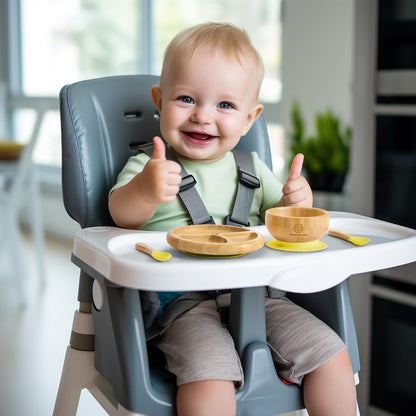 Baby Weaning Set, Bamboo Plate, Bowl, Fork & Spoon for Toddler with Suction Plates